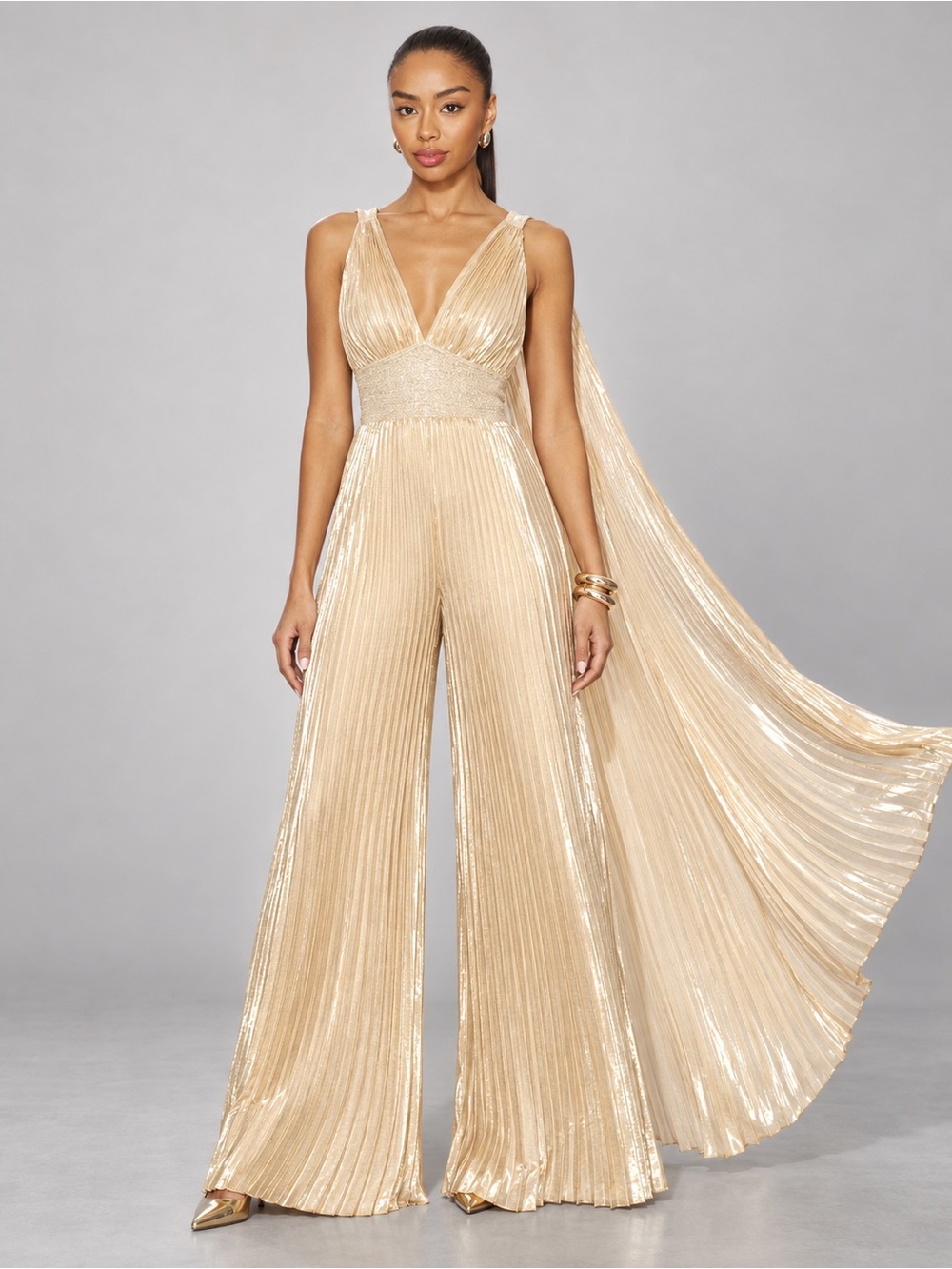 Alice + Olivia Rosalie Gold Silk-Blend Pleated Cape Jumpsuit